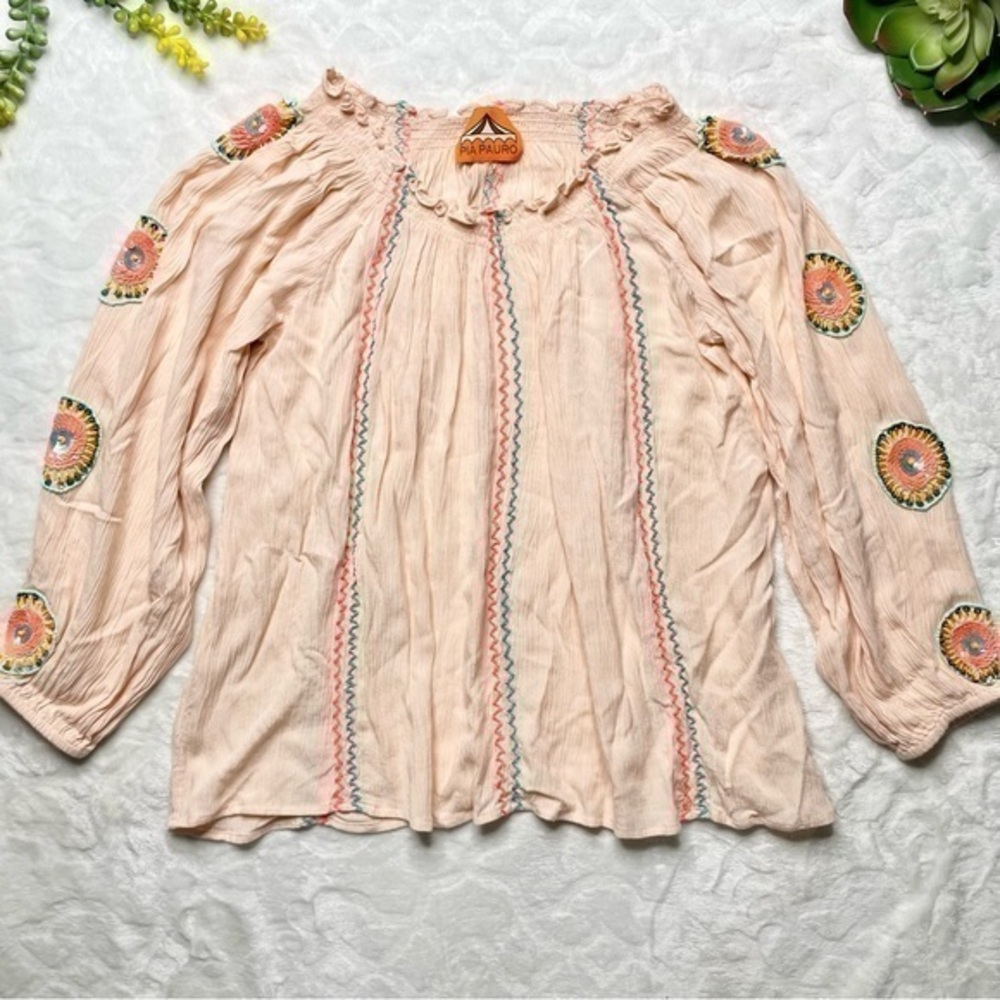 Pia Pauro Handcrafted Beaded Sequin Embroidered Off Shoulder Peasant Top Blouse